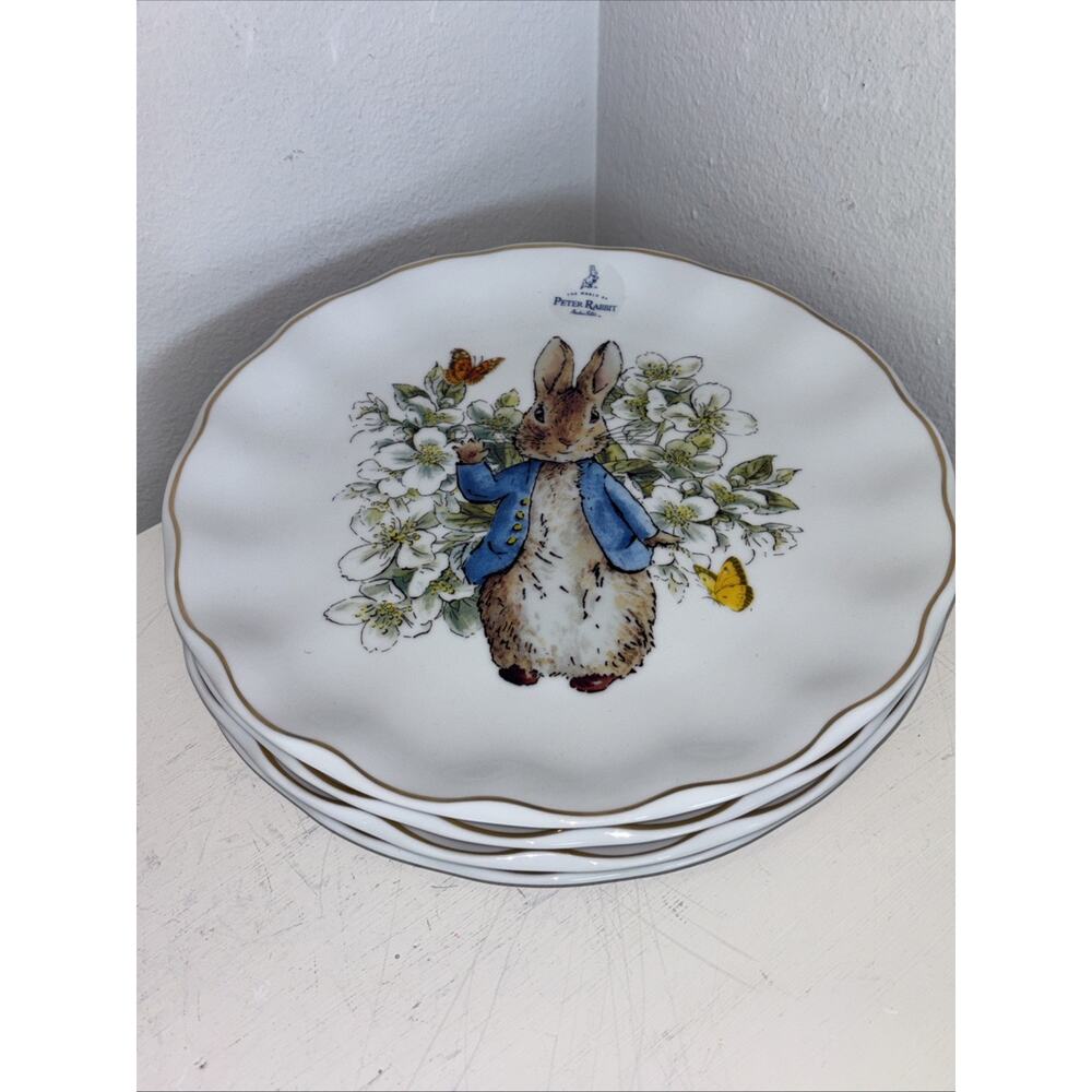 Peter Rabbit Dinner Plates Beatrix Potter Easter Set Of 4 Gold Scalloped 11" New - Picture 4 of 4
